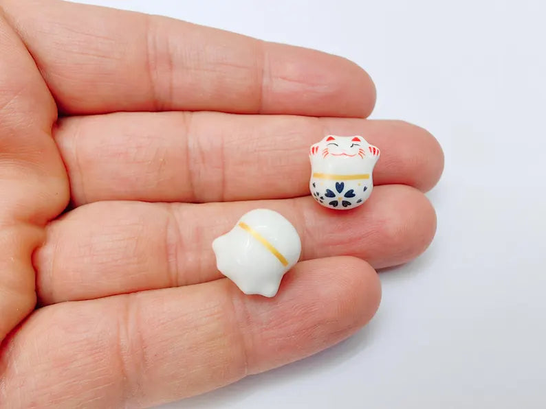 2 Porcelain Cat Bead, White Ceramic Animal Beads, Cute Cat Beads, Flower Bead, DIY Jewelry Making, Kids Craft Supplies, 14x13mm G37133