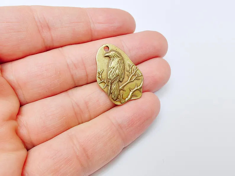 Raven Charm Charm, Gothic Boho Pendant, Bird on Branch Charm, Earring Charm, Crow Mystical Necklace, Antique Bronze Plated 30x22mm G37134