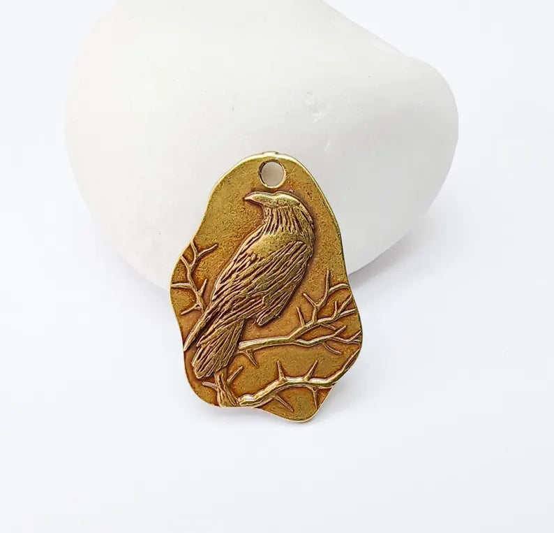 Raven Charm Charm, Gothic Boho Pendant, Bird on Branch Charm, Earring Charm, Crow Mystical Necklace, Antique Bronze Plated 30x22mm G37134