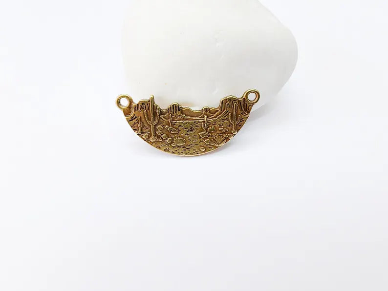 Desert Landscape Pendant Connector, Cactus Mountain Charms, Two Hole Charm for Boho and Nature Charm, Antique Bronze Plated 36x16mm G37135