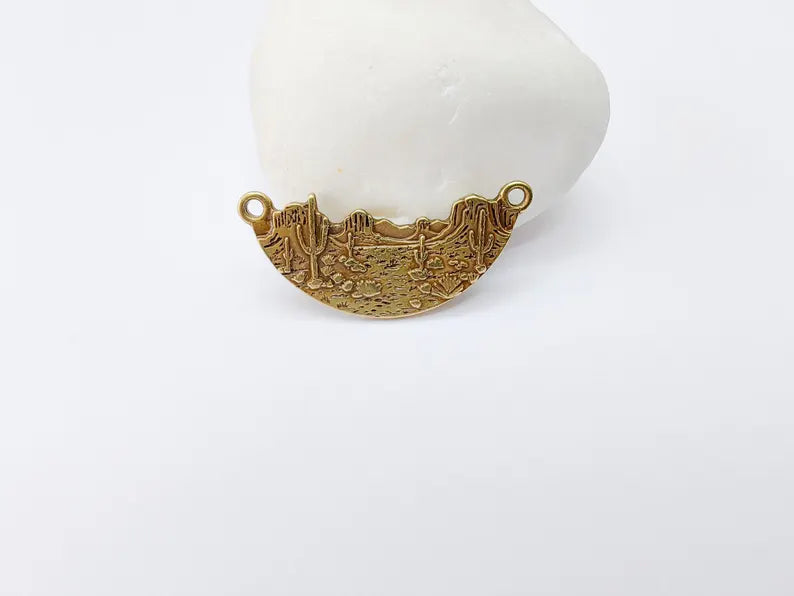 Desert Landscape Pendant Connector, Cactus Mountain Charms, Two Hole Charm for Boho and Nature Charm, Antique Bronze Plated 36x16mm G37135