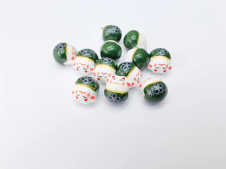 2 Porcelain Cat Bead, Green White Ceramic Animal Beads, Cute Cat Beads, Flower Bead, DIY Jewelry Making, Kids Craft Supplies, 14x13mm G37138