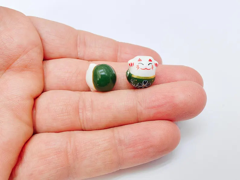 2 Porcelain Cat Bead, Green White Ceramic Animal Beads, Cute Cat Beads, Flower Bead, DIY Jewelry Making, Kids Craft Supplies, 14x13mm G37138