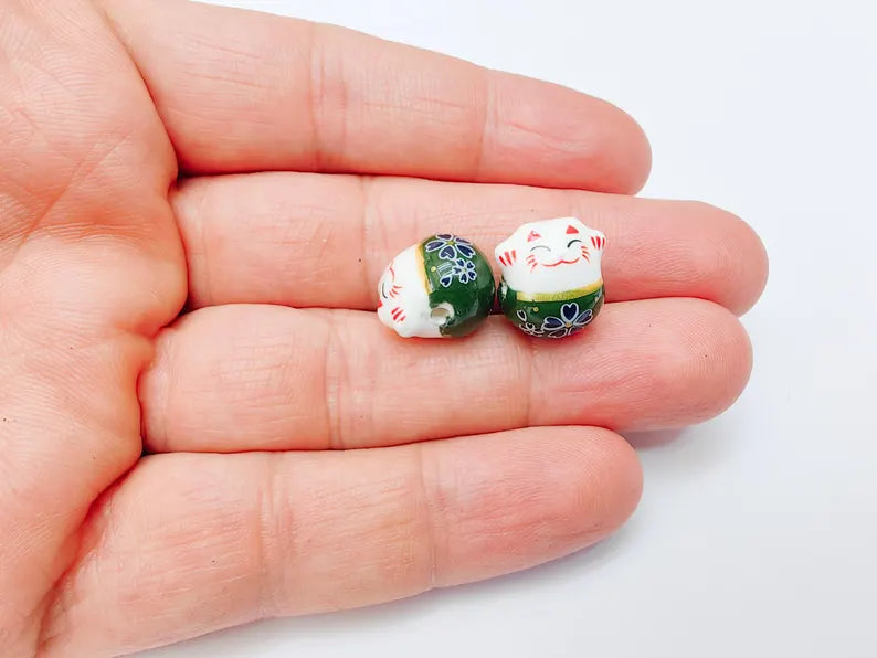 2 Porcelain Cat Bead, Green White Ceramic Animal Beads, Cute Cat Beads, Flower Bead, DIY Jewelry Making, Kids Craft Supplies, 14x13mm G37138