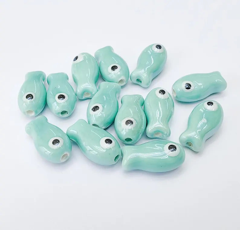 2 Porcelain Fish Beads, Ceramic Fish Beads, Turquoise Beads for Jewelry Making, Cute Fish Beads for DIY Crafts and Accessories 19x10mm G37141