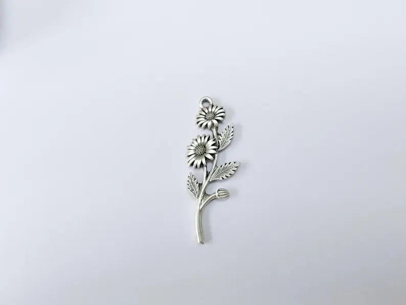 Flower Branch Pendant, Botanical Charm, Daisy Floral Necklace Supply, Nature Inspired Jewelry Making, Antique Silver Plated 46x17mm G37143