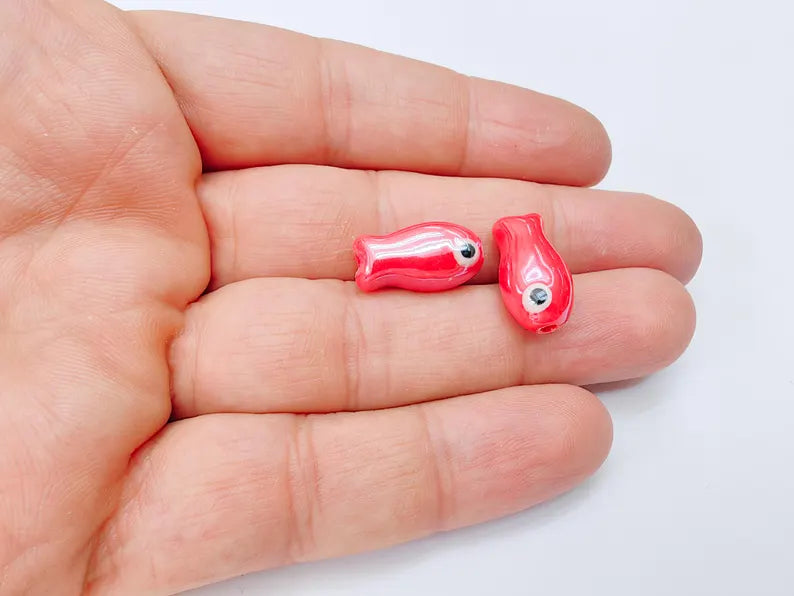 2 Porcelain Fish Beads, Ceramic Fish Beads, Red Beads for Jewelry Making, Cute Fish Beads for DIY Crafts and Accessories 19x10mm G37144