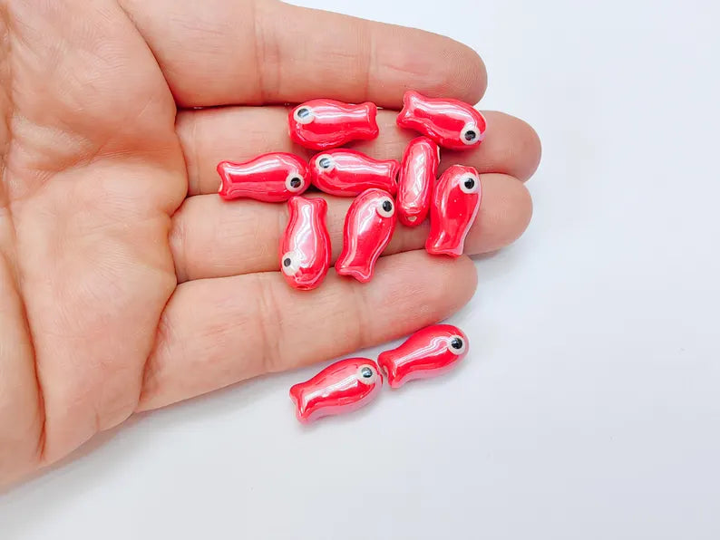 2 Porcelain Fish Beads, Ceramic Fish Beads, Red Beads for Jewelry Making, Cute Fish Beads for DIY Crafts and Accessories 19x10mm G37144