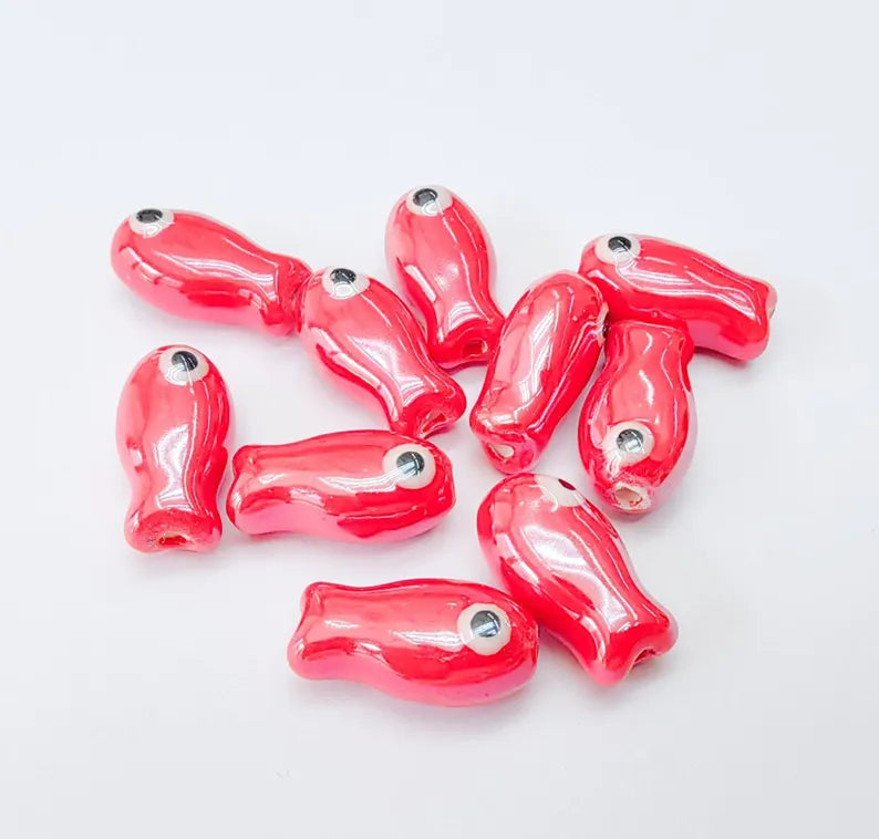 2 Porcelain Fish Beads, Ceramic Fish Beads, Red Beads for Jewelry Making, Cute Fish Beads for DIY Crafts and Accessories 19x10mm G37144