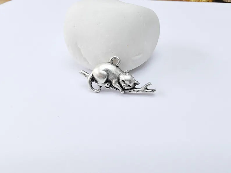 Sleeping Cat on Branch Charm, Peaceful Kitty Pendant, Nature Inspired Animal Jewelry, Earring Supply, Antique Silver Plated 34x18mm G37151