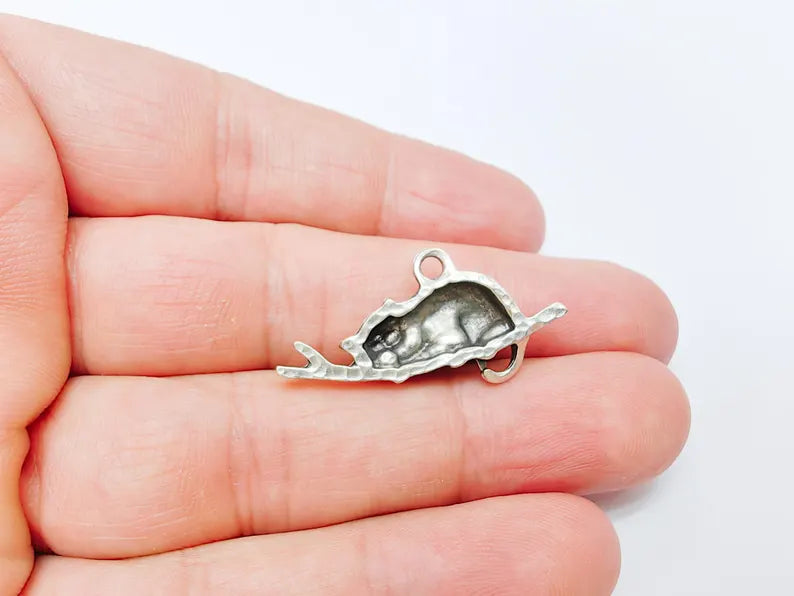 Sleeping Cat on Branch Charm, Peaceful Kitty Pendant, Nature Inspired Animal Jewelry, Earring Supply, Antique Silver Plated 34x18mm G37151