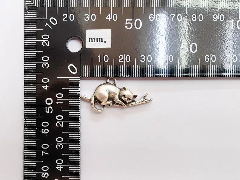 Sleeping Cat on Branch Charm, Peaceful Kitty Pendant, Nature Inspired Animal Jewelry, Earring Supply, Antique Silver Plated 34x18mm G37151