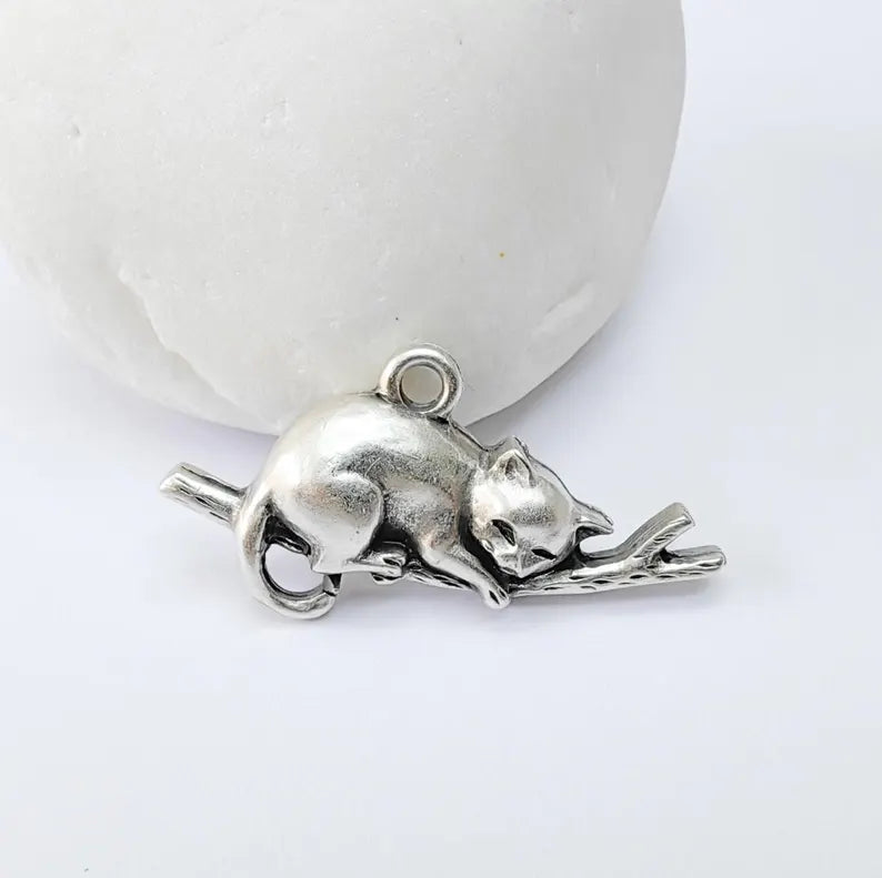 Sleeping Cat on Branch Charm, Peaceful Kitty Pendant, Nature Inspired Animal Jewelry, Earring Supply, Antique Silver Plated 34x18mm G37151