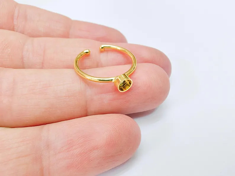 Round Ring Blank Setting, Tiny Cabochon Mounting, Resin Ring Base, Inlay Ring Bezel Cup, Adjustable Shiny Gold Plated Brass 4mm G37152