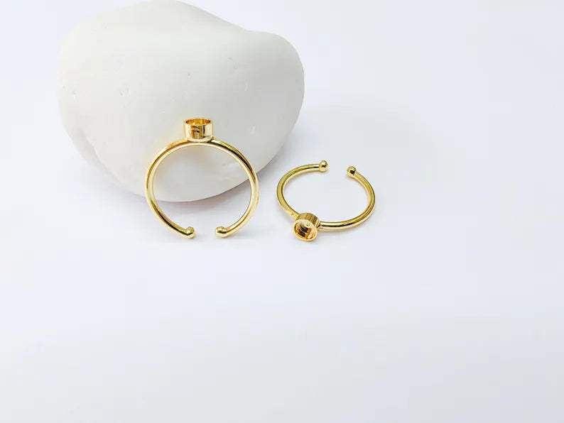 Round Ring Blank Setting, Tiny Cabochon Mounting, Resin Ring Base, Inlay Ring Bezel Cup, Adjustable Shiny Gold Plated Brass 4mm G37152