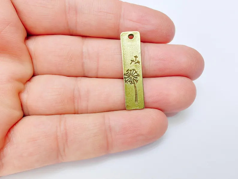 2 Bronze Dandelion Charms, Rectangle, Rustic Charms, Earring Charms, Bronze Pendant, Necklace Parts, Antique Bronze Plated 34x9mm G37155
