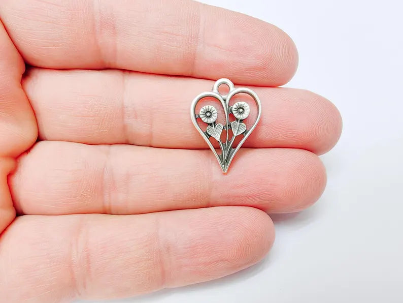 2 Floral Heart Pendant, Two Flower Charm, Romantic Nature Jewelry, Botanical Necklace, Earring Charm, Antique Silver Plated 22x17mm G37162
