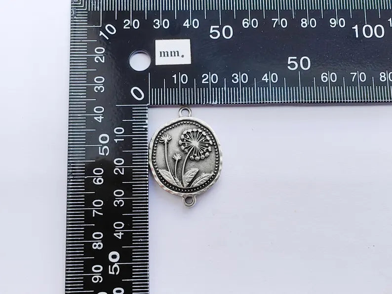 Dandelion Charms Connector Double Hole, Flower Pendant, Boho Charms, Earring Charms, Necklace Parts, Antique Silver Plated 33x24mm G37163