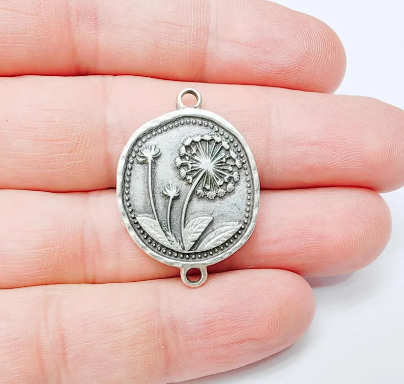 Dandelion Charms Connector Double Hole, Flower Pendant, Boho Charms, Earring Charms, Necklace Parts, Antique Silver Plated 33x24mm G37163