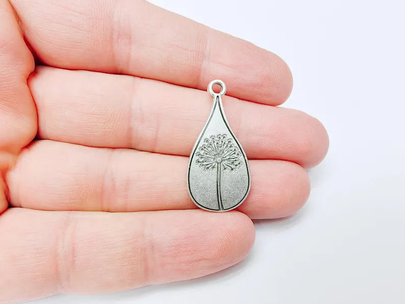 Dandelion Pendant, Teardrop Shaped Charm, Botanical Jewelry Supply, Nature Inspired Necklace Part, Antique Silver Plated 33x16mm G37165