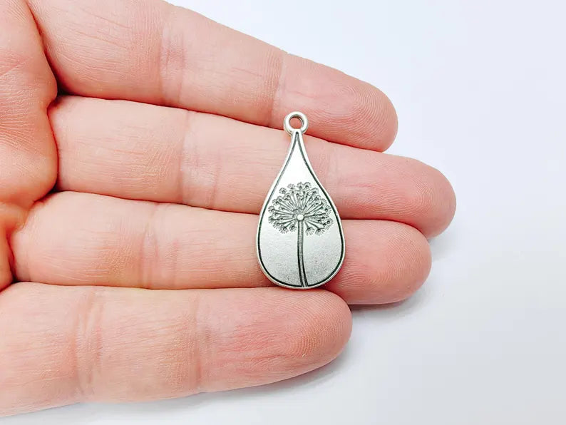 Dandelion Pendant, Teardrop Shaped Charm, Botanical Jewelry Supply, Nature Inspired Necklace Part, Antique Silver Plated 33x16mm G37165