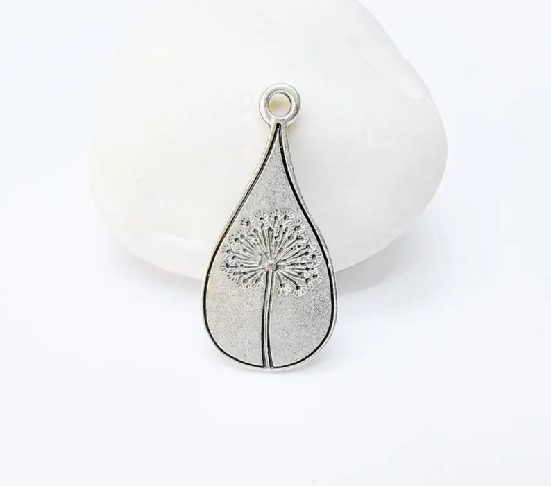 Dandelion Pendant, Teardrop Shaped Charm, Botanical Jewelry Supply, Nature Inspired Necklace Part, Antique Silver Plated 33x16mm G37165