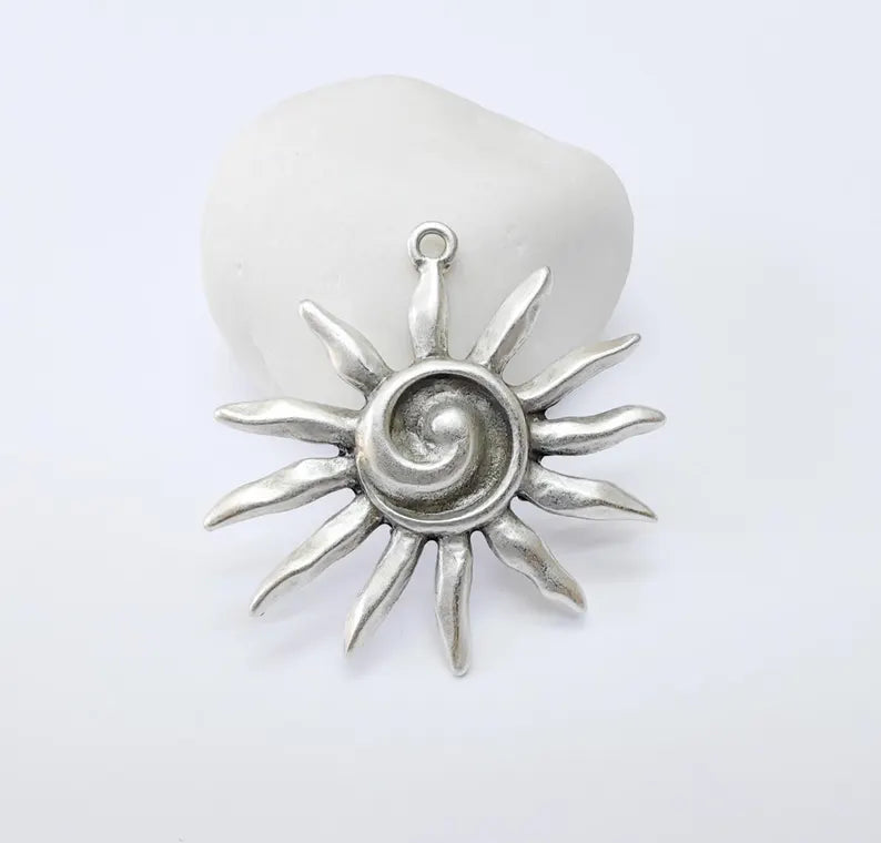 Radiant Sun Pendant, Spiral Center Solar Charm, Boho Statement Celestial Necklace, Rustic Summer, Antique Silver Plated 48x46mm G37166