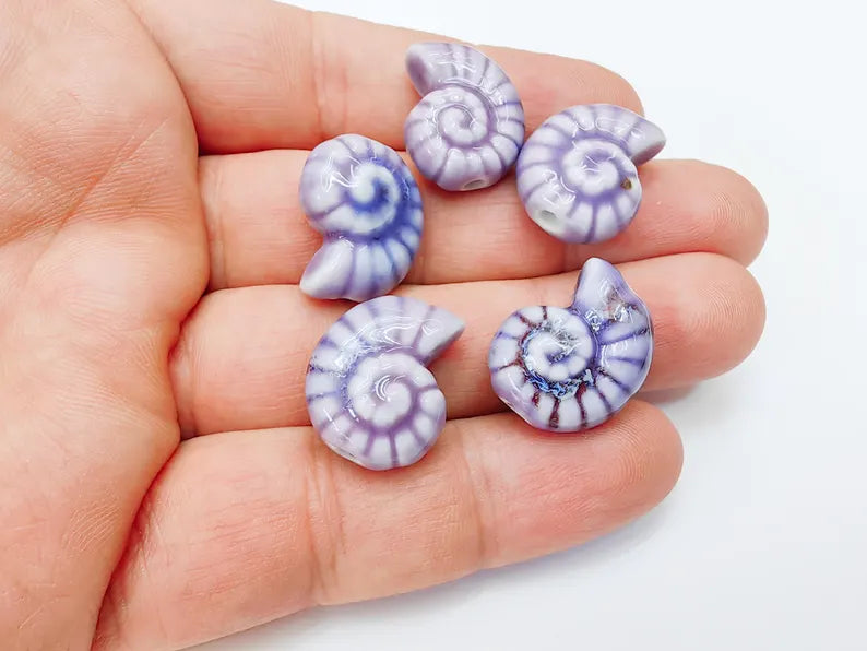 Purple Porcelain Nautilus Beads, Ceramic Shell Bead, Summer Sea Bead, Ocean Jewelry Supply, Beach Theme Beads, Ammonite Beads 20x16mm G37167