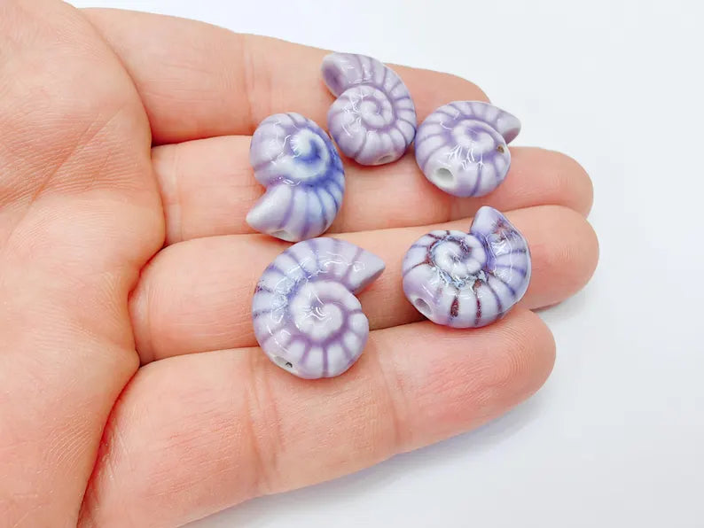 Purple Porcelain Nautilus Beads, Ceramic Shell Bead, Summer Sea Bead, Ocean Jewelry Supply, Beach Theme Beads, Ammonite Beads 20x16mm G37167