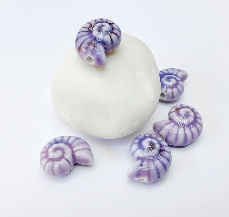 Purple Porcelain Nautilus Beads, Ceramic Shell Bead, Summer Sea Bead, Ocean Jewelry Supply, Beach Theme Beads, Ammonite Beads 20x16mm G37167