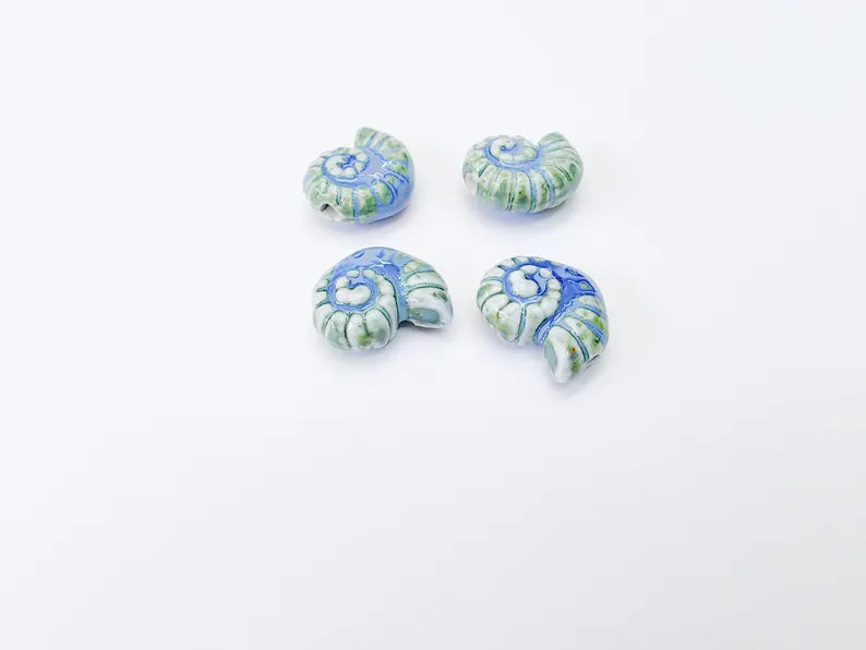 Blue and Green Porcelain Nautilus Bead, Ceramic Shell Bead, Summer Sea Bead, Ocean Jewelry Supply, Beach Beads, Ammonite Bead 20x16mm G37171