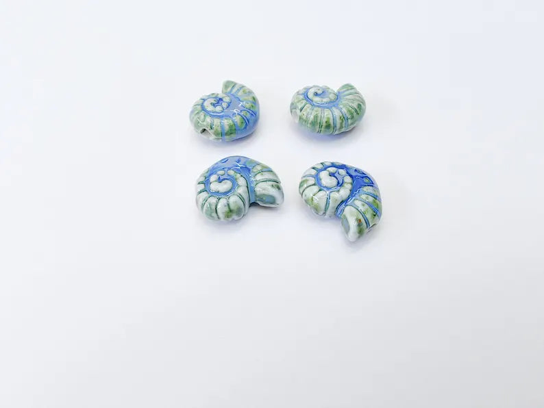 Blue and Green Porcelain Nautilus Bead, Ceramic Shell Bead, Summer Sea Bead, Ocean Jewelry Supply, Beach Beads, Ammonite Bead 20x16mm G37171