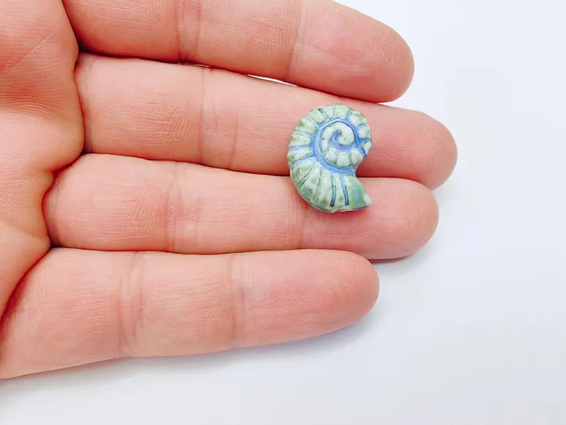 Blue and Green Porcelain Nautilus Bead, Ceramic Shell Bead, Summer Sea Bead, Ocean Jewelry Supply, Beach Beads, Ammonite Bead 20x16mm G37171