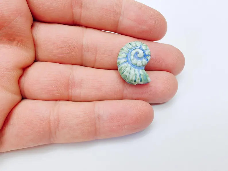 Blue and Green Porcelain Nautilus Bead, Ceramic Shell Bead, Summer Sea Bead, Ocean Jewelry Supply, Beach Beads, Ammonite Bead 20x16mm G37171