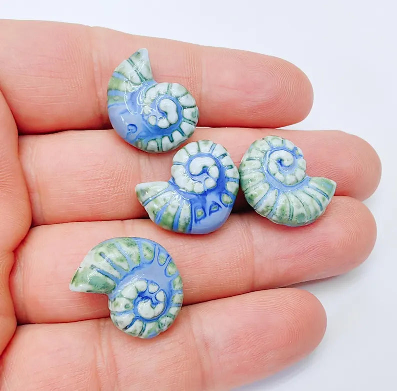 Blue and Green Porcelain Nautilus Bead, Ceramic Shell Bead, Summer Sea Bead, Ocean Jewelry Supply, Beach Beads, Ammonite Bead 20x16mm G37171