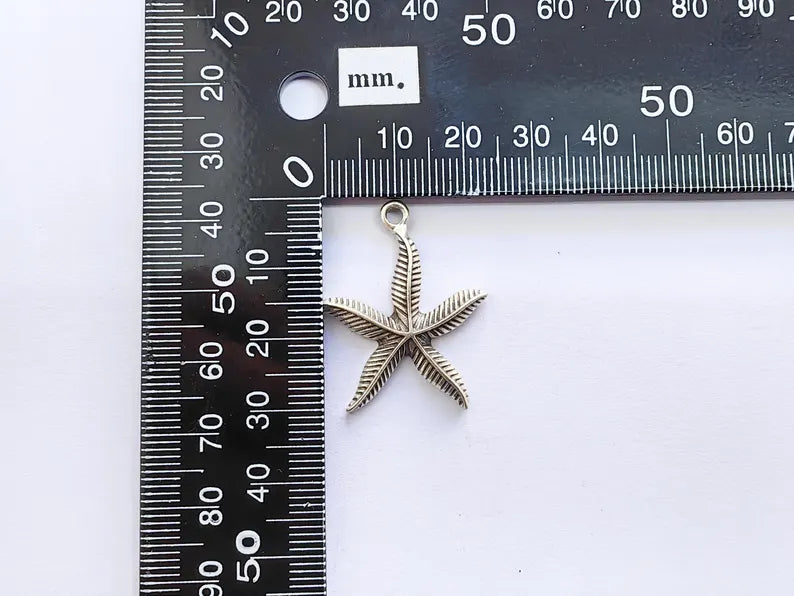 4 Starfish Charm, Silver Sea Star Pendant, Nautical Boho Beach Jewelry Supply, Ocean Theme Pendant, Antique Silver Plated 30x25mm G37184