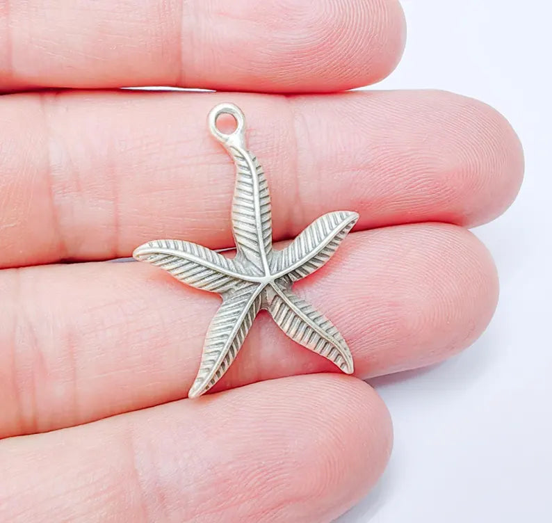 4 Starfish Charm, Silver Sea Star Pendant, Nautical Boho Beach Jewelry Supply, Ocean Theme Pendant, Antique Silver Plated 30x25mm G37184