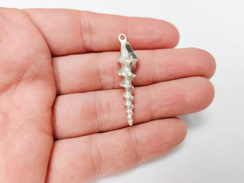 Spiky Spiral Shell Pendant, Long Sea Shell Charm, Silver Ocean Jewelry Supply, Beach Nautical Pendant, Antique Silver Plated 43x11mm G37185