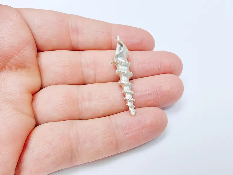 Spiky Spiral Shell Pendant, Long Sea Shell Charm, Silver Ocean Jewelry Supply, Beach Nautical Pendant, Antique Silver Plated 43x11mm G37185