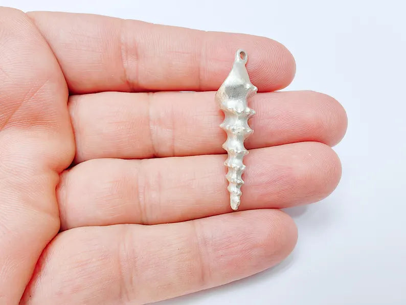 Spiky Spiral Shell Pendant, Long Sea Shell Charm, Silver Ocean Jewelry Supply, Beach Nautical Pendant, Antique Silver Plated 43x11mm G37185