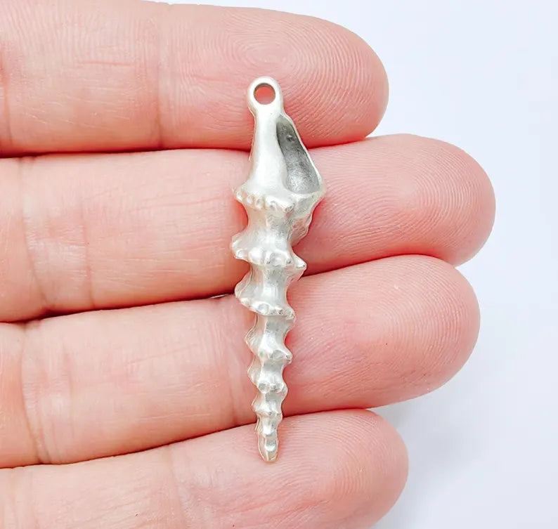 Spiky Spiral Shell Pendant, Long Sea Shell Charm, Silver Ocean Jewelry Supply, Beach Nautical Pendant, Antique Silver Plated 43x11mm G37185