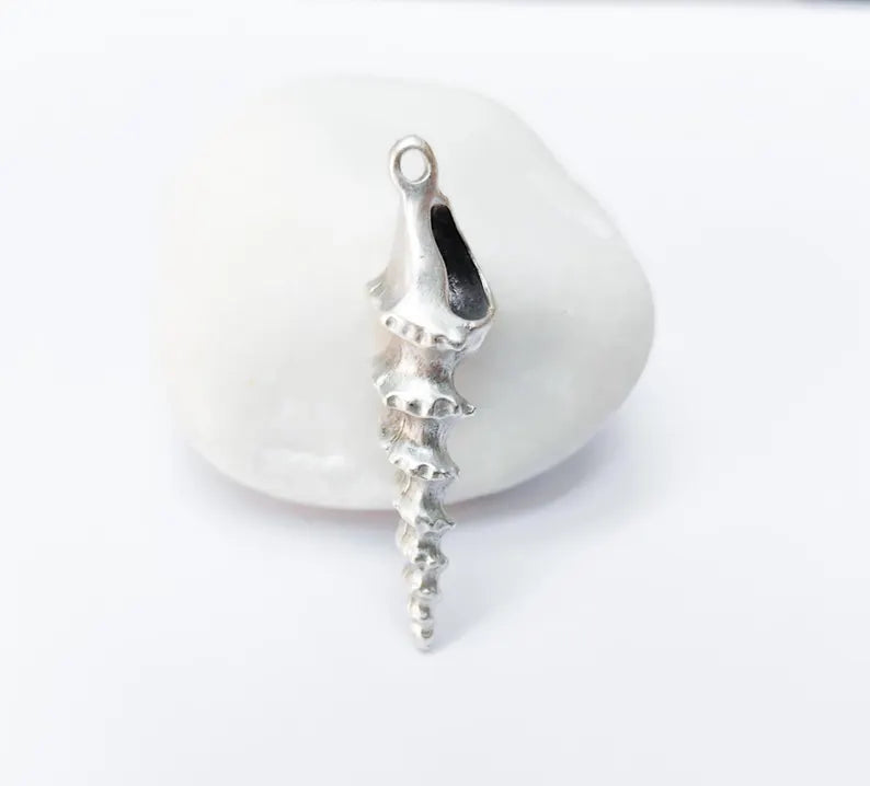 Spiky Spiral Shell Pendant, Long Sea Shell Charm, Silver Ocean Jewelry Supply, Beach Nautical Pendant, Antique Silver Plated 43x11mm G37185