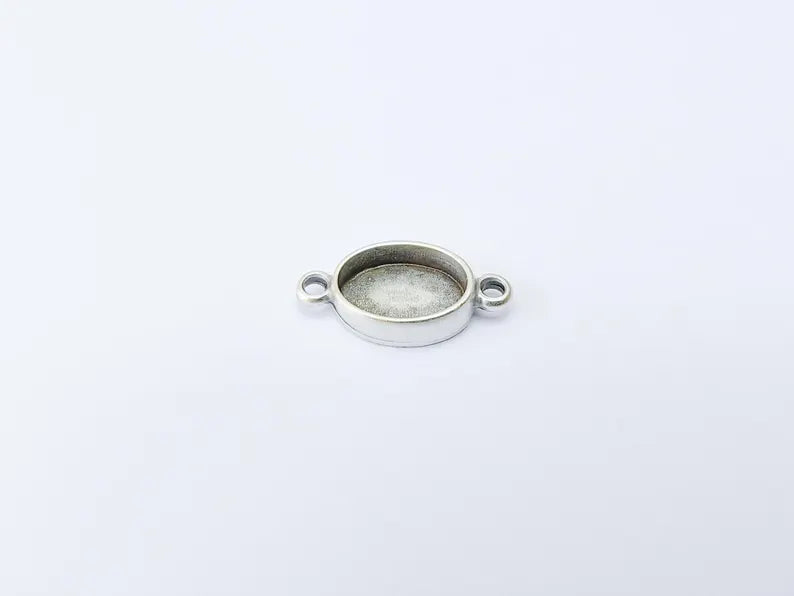 2 Oval Bezel Connector, Double Loop Cabochon Blank, Resin Bases, Mosaic Mounting, Polymer Clay Setting, Antique Silver Plated 14x10mm G37189