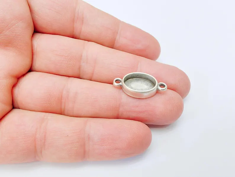 2 Oval Bezel Connector, Double Loop Cabochon Blank, Resin Bases, Mosaic Mounting, Polymer Clay Setting, Antique Silver Plated 14x10mm G37189