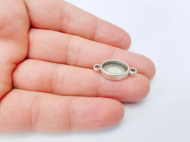 2 Oval Bezel Connector, Double Loop Cabochon Blank, Resin Bases, Mosaic Mounting, Polymer Clay Setting, Antique Silver Plated 14x10mm G37189