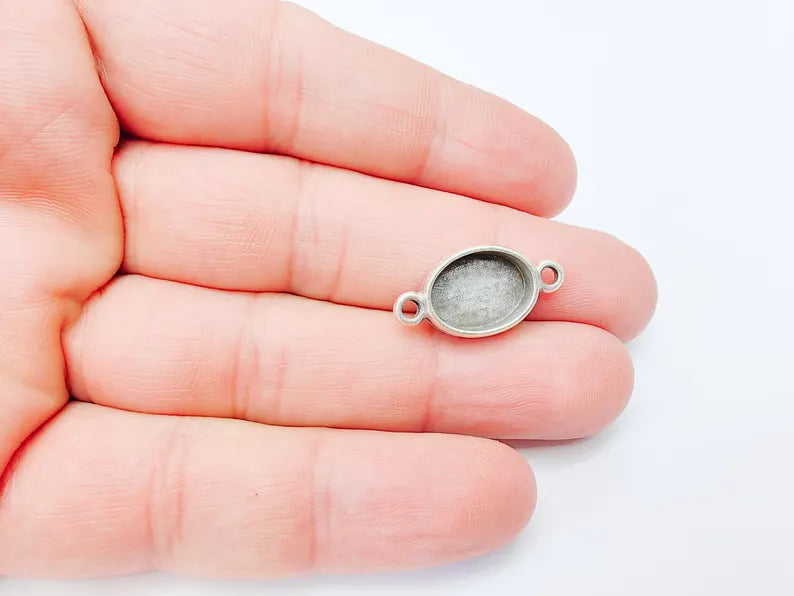 2 Oval Bezel Connector, Double Loop Cabochon Blank, Resin Bases, Mosaic Mounting, Polymer Clay Setting, Antique Silver Plated 14x10mm G37189