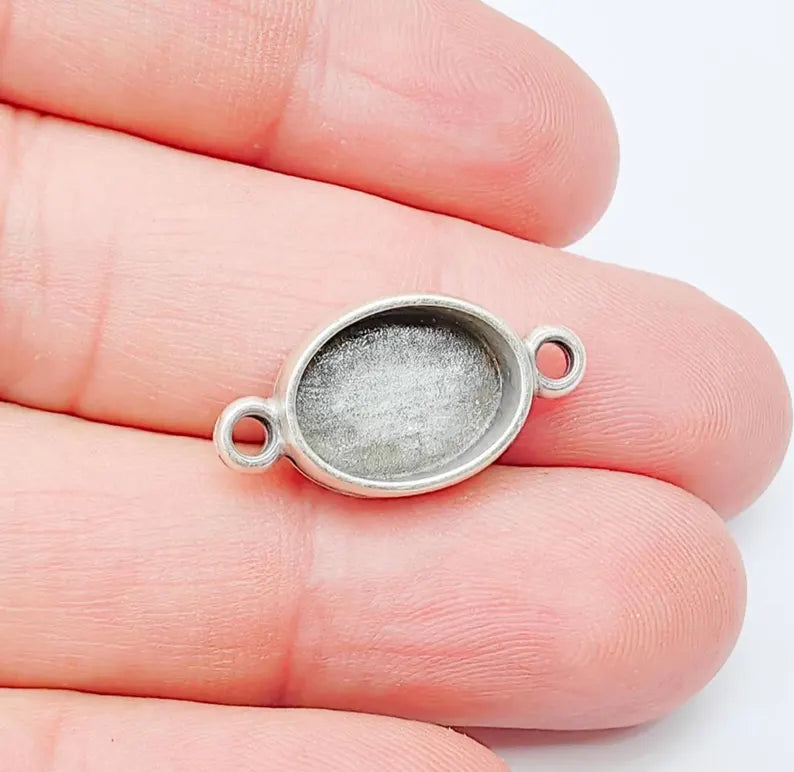 2 Oval Bezel Connector, Double Loop Cabochon Blank, Resin Bases, Mosaic Mounting, Polymer Clay Setting, Antique Silver Plated 14x10mm G37189