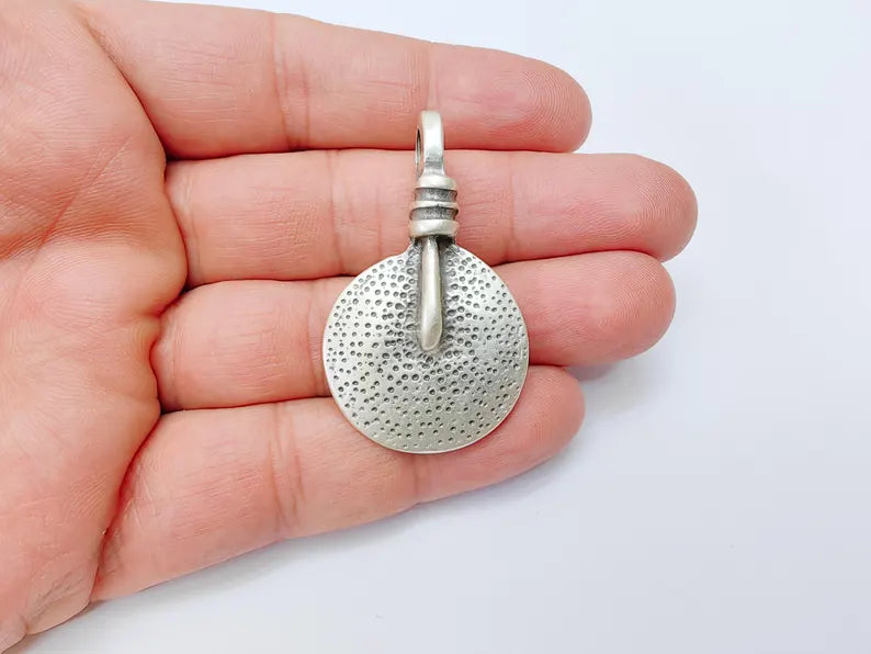 Tribal Pendant, Rustic Round Charm, Textured Pendant for Necklace, Ethnic Boho Tribal Jewelry, Antique Silver Plated 48x28mm G37190