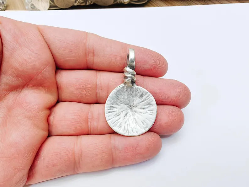 Tribal Pendant, Rustic Round Charm, Textured Pendant for Necklace, Ethnic Boho Tribal Jewelry, Antique Silver Plated 48x28mm G37190