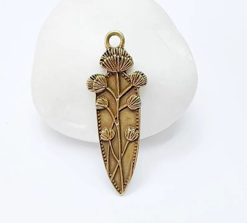 Thistle Pendant, Botanical Flower Charm for Necklace, Rustic Boho Jewelry Supply, Nature Jewelry Part, Antique Bronze Plated 42x15mm G37192